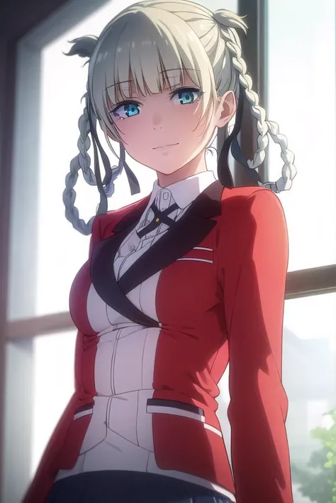 kirarimomobami, <lora:kirari momobami s2-lora-nochekaiser:1>,
kirari momobami, bangs, blue eyes, hair ribbon, braid, blunt bangs, aqua eyes, makeup, lipstick, hair rings, blue lips, smile,
BREAK skirt, shirt, school uniform, jacket, white shirt, pleated skirt, collared shirt, black skirt, blazer, (red jacket:1.5),
BREAK indoors, classroom,
BREAK looking at viewer, (cowboy shot:1.5),
BREAK <lyco:GoodHands-beta2:1>, (masterpiece:1.2), best quality, high resolution, unity 8k wallpaper, (illustration:0.8), (beautiful detailed eyes:1.6), extremely detailed face, perfect lighting, extremely detailed CG, (perfect hands, perfect anatomy),