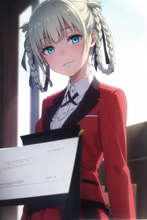 kirarimomobami, <lora:kirari momobami s2-lora-nochekaiser:1>,
kirari momobami, bangs, blue eyes, hair ribbon, braid, blunt bangs, aqua eyes, makeup, lipstick, hair rings, blue lips, smile,
BREAK skirt, shirt, school uniform, jacket, white shirt, pleated skirt, collared shirt, black skirt, blazer, (red jacket:1.5),
BREAK indoors, classroom,
BREAK looking at viewer, (cowboy shot:1.5),
BREAK <lyco:GoodHands-beta2:1>, (masterpiece:1.2), best quality, high resolution, unity 8k wallpaper, (illustration:0.8), (beautiful detailed eyes:1.6), extremely detailed face, perfect lighting, extremely detailed CG, (perfect hands, perfect anatomy),
