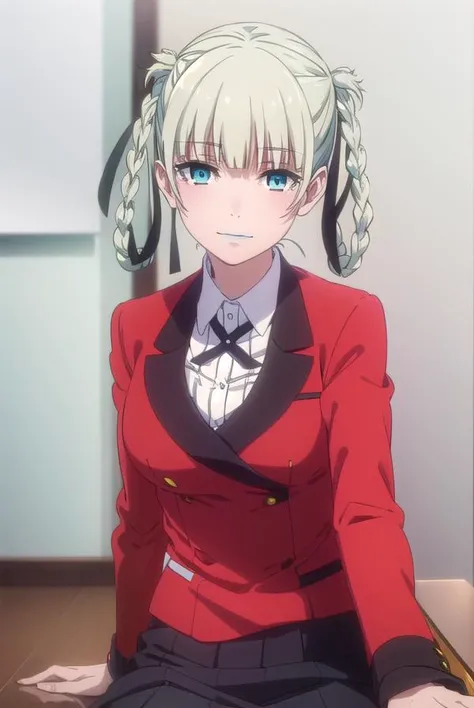 kirarimomobami, <lora:kirari momobami s2-lora-nochekaiser:1>,
kirari momobami, bangs, blue eyes, hair ribbon, braid, blunt bangs, aqua eyes, makeup, lipstick, hair rings, blue lips, smile,
BREAK skirt, shirt, school uniform, jacket, white shirt, pleated skirt, collared shirt, black skirt, blazer, (red jacket:1.5),
BREAK indoors, classroom,
BREAK looking at viewer, (cowboy shot:1.5),
BREAK <lyco:GoodHands-beta2:1>, (masterpiece:1.2), best quality, high resolution, unity 8k wallpaper, (illustration:0.8), (beautiful detailed eyes:1.6), extremely detailed face, perfect lighting, extremely detailed CG, (perfect hands, perfect anatomy),