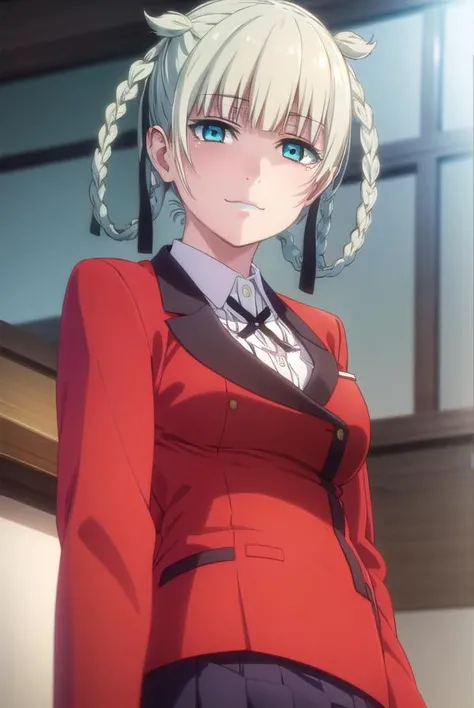kirarimomobami, <lora:kirari momobami s2-lora-nochekaiser:1>,
kirari momobami, bangs, blue eyes, hair ribbon, braid, blunt bangs, aqua eyes, makeup, lipstick, hair rings, blue lips, smile,
BREAK skirt, shirt, school uniform, jacket, white shirt, pleated skirt, collared shirt, black skirt, blazer, (red jacket:1.5),
BREAK indoors, classroom,
BREAK looking at viewer, (cowboy shot:1.5),
BREAK <lyco:GoodHands-beta2:1>, (masterpiece:1.2), best quality, high resolution, unity 8k wallpaper, (illustration:0.8), (beautiful detailed eyes:1.6), extremely detailed face, perfect lighting, extremely detailed CG, (perfect hands, perfect anatomy),
