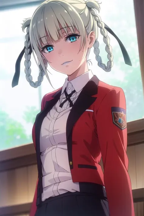 kirarimomobami, <lora:kirari momobami s2-lora-nochekaiser:1>,
kirari momobami, bangs, blue eyes, hair ribbon, braid, blunt bangs, aqua eyes, makeup, lipstick, hair rings, blue lips, smile,
BREAK skirt, shirt, school uniform, jacket, white shirt, pleated skirt, collared shirt, black skirt, blazer, (red jacket:1.5),
BREAK indoors, classroom,
BREAK looking at viewer, (cowboy shot:1.5),
BREAK <lyco:GoodHands-beta2:1>, (masterpiece:1.2), best quality, high resolution, unity 8k wallpaper, (illustration:0.8), (beautiful detailed eyes:1.6), extremely detailed face, perfect lighting, extremely detailed CG, (perfect hands, perfect anatomy),