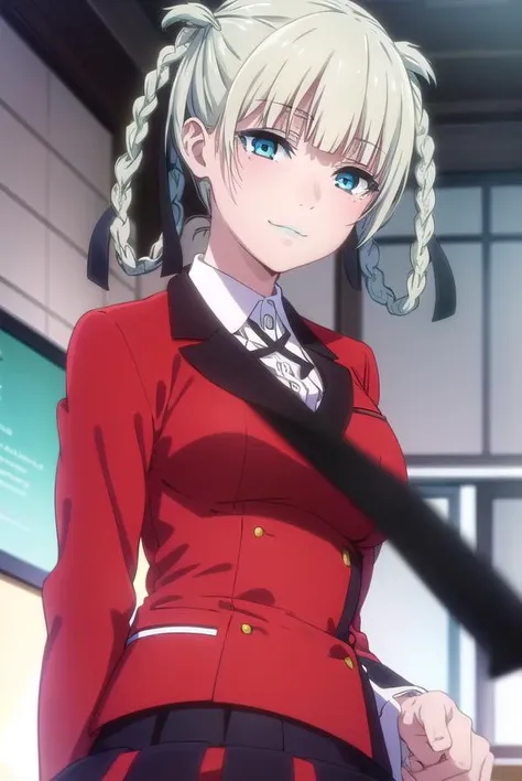 kirarimomobami, <lora:kirari momobami s2-lora-nochekaiser:1>,
kirari momobami, bangs, blue eyes, hair ribbon, braid, blunt bangs, aqua eyes, makeup, lipstick, hair rings, blue lips, smile,
BREAK skirt, shirt, school uniform, jacket, white shirt, pleated skirt, collared shirt, black skirt, blazer, (red jacket:1.5),
BREAK indoors, classroom,
BREAK looking at viewer, (cowboy shot:1.5),
BREAK <lyco:GoodHands-beta2:1>, (masterpiece:1.2), best quality, high resolution, unity 8k wallpaper, (illustration:0.8), (beautiful detailed eyes:1.6), extremely detailed face, perfect lighting, extremely detailed CG, (perfect hands, perfect anatomy),