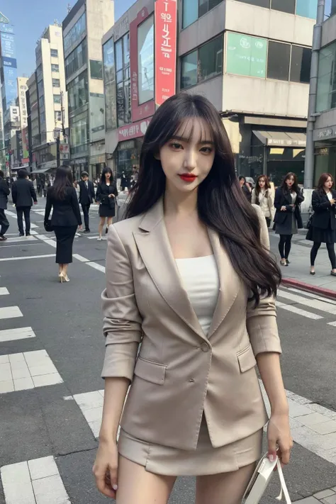 (instagram style), (instagram pose:1.2), (blazer, miniskirt, high heels), (slender body), (outdoor, city, seoul street, grey and white buildings, background seoul city, instagram cafe, famous cafe, simple background, standing), korean girl, beautiful look, sexy look, beautiful make_up, red lips, eyelashes, long black hair, 8k,UHD, (best quality, ultra high resolution, photorealistic),(masterpiece), natural tones, extreme intricate, insane delicate, soft and diffused natural light, Realistic shadows on faces, realistic contrast on face, extremely intricate, ultra super realistic, exquisitely detailed, dramatic_dark light, beautiful_detailed_light, (real human skin, detailed skin, moles, detailed face) <lora:sicaFace:1>