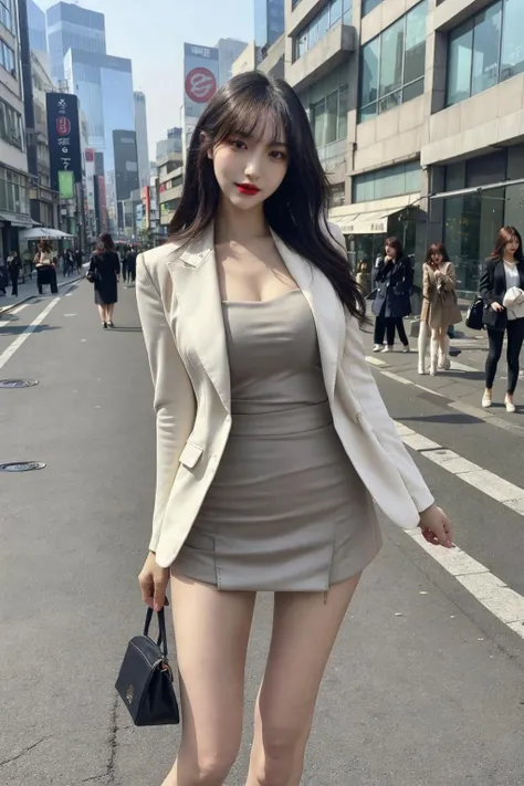 (instagram style), (instagram pose:1.2), (blazer, miniskirt, high heels), (slender body), (outdoor, city, seoul street, grey and white buildings, background seoul city, instagram cafe, famous cafe, simple background, standing), korean girl, beautiful look, sexy look, beautiful make_up, red lips, eyelashes, long black hair, 8k,UHD, (best quality, ultra high resolution, photorealistic),(masterpiece), natural tones, extreme intricate, insane delicate, soft and diffused natural light, Realistic shadows on faces, realistic contrast on face, extremely intricate, ultra super realistic, exquisitely detailed, dramatic_dark light, beautiful_detailed_light, (real human skin, detailed skin, moles, detailed face) <lora:sicaFace:1>