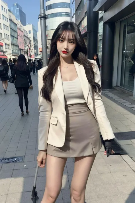 (instagram style), (instagram pose:1.2), (blazer, miniskirt, high heels), (slender body), (outdoor, city, seoul street, grey and white buildings, background seoul city, instagram cafe, famous cafe, simple background, standing), korean girl, beautiful look, sexy look, beautiful make_up, red lips, eyelashes, long black hair, 8k,UHD, (best quality, ultra high resolution, photorealistic),(masterpiece), natural tones, extreme intricate, insane delicate, soft and diffused natural light, Realistic shadows on faces, realistic contrast on face, extremely intricate, ultra super realistic, exquisitely detailed, dramatic_dark light, beautiful_detailed_light, (real human skin, detailed skin, moles, detailed face) <lora:sicaFace:1>