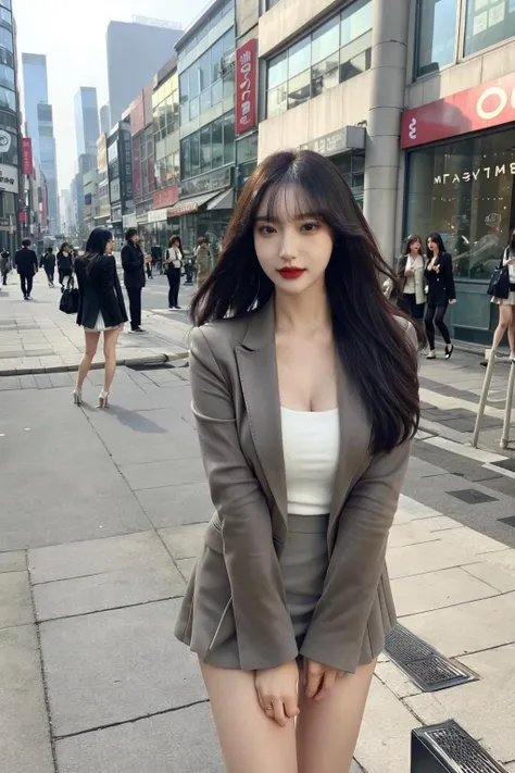 (instagram style), (instagram pose:1.2), (blazer, miniskirt, high heels), (slender body), (outdoor, city, seoul street, grey and white buildings,  background seoul city, instagram cafe, famous cafe, simple background, standing), korean girl, beautiful look, sexy look, beautiful make_up, red lips, eyelashes, long black hair, 8k,UHD, (best quality, ultra high resolution, photorealistic),(masterpiece), natural tones, extreme intricate, insane delicate, soft and diffused natural light, Realistic shadows on faces, realistic contrast on face, extremely intricate, ultra super realistic, exquisitely detailed, dramatic_dark light, beautiful_detailed_light, (real human skin, detailed skin, moles, detailed face) <lora:sicaFace:1>