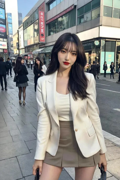 (instagram style), (instagram pose:1.2), (blazer, miniskirt, high heels), (slender body), (outdoor, city, seoul street, grey and white buildings,  background seoul city, instagram cafe, famous cafe, simple background, standing), korean girl, beautiful look, sexy look, beautiful make_up, red lips, eyelashes, long black hair, 8k,UHD, (best quality, ultra high resolution, photorealistic),(masterpiece), natural tones, extreme intricate, insane delicate, soft and diffused natural light, Realistic shadows on faces, realistic contrast on face, extremely intricate, ultra super realistic, exquisitely detailed, dramatic_dark light, beautiful_detailed_light, (real human skin, detailed skin, moles, detailed face) <lora:sicaFace:1>