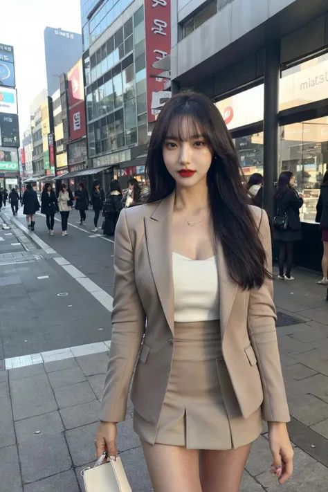 (instagram style), (instagram pose:1.2), (blazer, miniskirt, high heels), (slender body), (outdoor, city, seoul street, grey and white buildings,  background seoul city, instagram cafe, famous cafe, simple background, standing), korean girl, beautiful look, sexy look, beautiful make_up, red lips, eyelashes, long black hair, 8k,UHD, (best quality, ultra high resolution, photorealistic),(masterpiece), natural tones, extreme intricate, insane delicate, soft and diffused natural light, Realistic shadows on faces, realistic contrast on face, extremely intricate, ultra super realistic, exquisitely detailed, dramatic_dark light, beautiful_detailed_light, (real human skin, detailed skin, moles, detailed face) <lora:sicaFace:1>