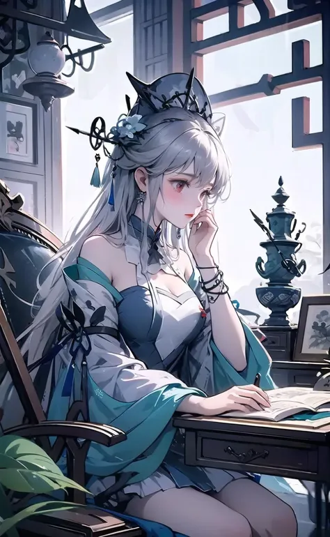 1girl, hair ornament, flower, lattice, solo, table, scroll, sitting, window, round window, jewelry,, paintbrush, long hair, chinese clothes, indoors, vase,, earrings, looking down, long sleeves, hair flower, chair, hanfu, blue dress, bracelet, , beads, tassel, dress, holding, calligraphy brush, windowsill, teapot, closed mouth, shawl, blue flower,redskadi,red eyes <lora:porcelain-000004:1> <lora:Arknights-Skadi the Corrupting Heart:1>