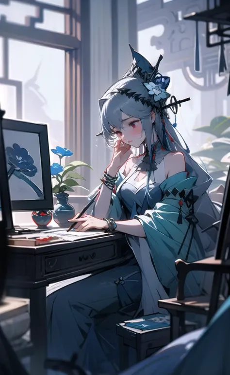 1girl, hair ornament, flower, lattice, solo, table, scroll, sitting, window, round window, jewelry,, paintbrush, long hair, chinese clothes, indoors, vase,, earrings, looking down, long sleeves, hair flower, chair, hanfu, blue dress, bracelet, , beads, tassel, dress, holding, calligraphy brush, windowsill, teapot, closed mouth, shawl, blue flower,redskadi,red eyes <lora:porcelain-000004:1> <lora:Arknights-Skadi the Corrupting Heart:1>