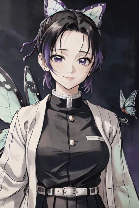 <lora:shanshui_v10:1> <lora:ShinobuLora:1>Shinobu, Shinobu Uniform, shinobu attire,butterfly,weapon,bug,jacket,short hair,
belt, skirt,
purple background,
(best quality, masterpiece, RAW photo,ultra-detailed:1.2), <lyco:GoodHands-beta2:1.0>,1girl,solo,looking at viewer,smile