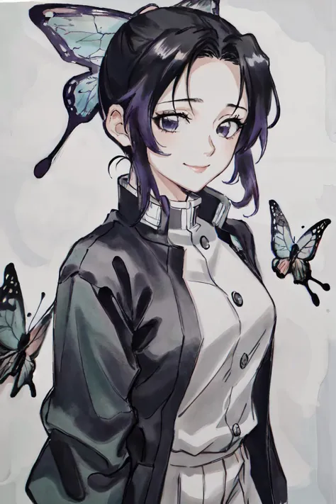 <lora:shanshui_v10:1> <lora:ShinobuLora:1>Shinobu, Shinobu Uniform, shinobu attire,butterfly,weapon,bug,
cowboy shot,
(best quality, masterpiece, RAW photo,ultra-detailed:1.2), <lyco:GoodHands-beta2:1.0>,1girl,solo,looking at viewer,smile
