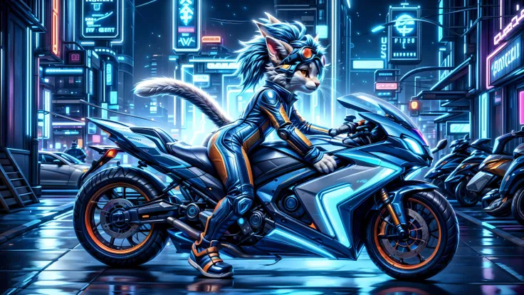 masterpiece, ultra detailed, best quality, realistic, detailed background, (cyberpunk street, neon palette, neon lights, outdoors), depth of field, light particles, reflection, raytracing, dutch angle, (side view:1.2), high angle view,solo, furry female, miqo'te, chibi, (ahoge:1.2), (whiskers:1.2), (cat eyes:1.1), cat tail, 4 fingers,((two-tone fur:1.1), white stomach fur, (deep blue body fur:1.3), blue hair, white cheek fur, orange eyes), (MCRS, blue racing suit, blue biker suit, glowing),smirk, ridding on motorcycle, (goggles on head:1.1), (unworn helmet:1.2), realtail,<lora:MCRS_v1.0.safetensors:0.4:0> <lora:cyberpunk.safetensors:0.5:0> <lora:realtail from hehind.safetensors:1:1> <lora:waifu_on_Motorcycle_v2.safetensors:0.8:0.8> <lora:cateye_v100.safetensors:1:1> <lora:lora_Furry_female.safetensors:0.5:0.5> <lora:Furtastic_Detailer.safetensors:0.6:0.6>