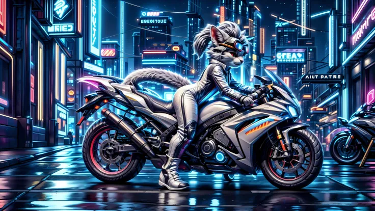 masterpiece, ultra detailed, best quality, realistic, detailed background, (cyberpunk street, neon palette, neon lights, outdoors), depth of field, light particles, reflection, raytracing, dutch angle, (side view:1.2), low angle view,solo, furry female, miqo'te, chibi, (ahoge:1.2), (whiskers:1.2), (cat eyes:1.1), cat tail, 4 fingers,((two-tone fur:1.1), white stomach fur, (light grey body fur:1.1), dark grey striped back fur, grey hair, red eyes), (MCRS, white racing suit, white biker suit, glowing),smirk, ridding on motorcycle, (goggles on head:1.1), (unworn helmet:1.2), realtail,<lora:MCRS_v1.0.safetensors:0.4:0> <lora:cyberpunk.safetensors:0.5:0> <lora:realtail from hehind.safetensors:1:1> <lora:waifu_on_Motorcycle_v2.safetensors:0.8:0.8> <lora:cateye_v100.safetensors:1:1> <lora:lora_Furry_female.safetensors:0.5:0.5> <lora:Furtastic_Detailer.safetensors:0.6:0.6>