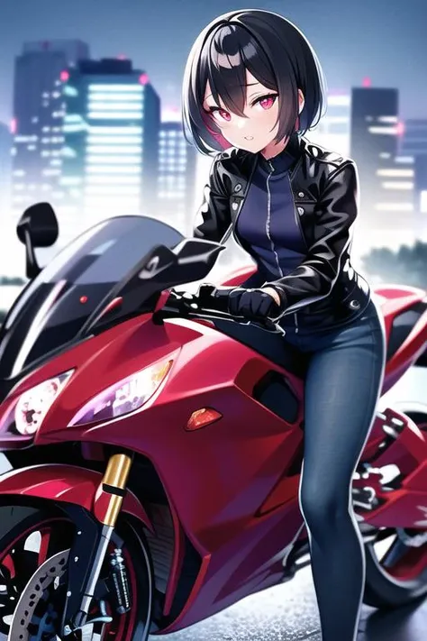 (masterpiece, sidelighting, finely detailed beautiful eyes: 1.2), 1girl, bangs, city, outdoors, rain, night, colored inner hair, depth of field, glowing, glowing eyes, hair between eyes, jacket, looking at viewer, parted lips, red eyes, short hair, solo, upper body, black gloves, black hair, black legwear, gloves, ground vehicle, holding, jacket, motor vehicle, motorcycle, official alternate costume, on motorcycle, open clothes, shirt, shoes, solo, standing, Masterpiece, best quality, <lora:waifuOnMotorcycle_v2:0.6>