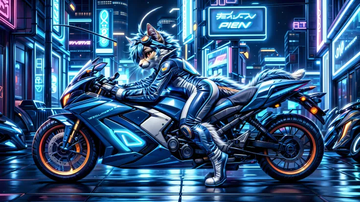 masterpiece, ultra detailed, best quality, realistic, detailed background, (cyberpunk street, neon palette, neon lights, outdoors), depth of field, light particles, reflection, raytracing, dutch angle, (side view:1.2), low angle view,solo, furry female, miqo'te, chibi, (ahoge:1.2), (whiskers:1.2), (cat eyes:1.1), cat tail, 4 fingers,((two-tone fur:1.1), white stomach fur, (deep blue body fur:1.3), blue hair, white cheek fur, orange eyes), (MCRS, blue racing suit, blue biker suit, glowing),smirk, ridding on motorcycle, (goggles on head:1.1), (unworn helmet:1.2), realtail,<lora:MCRS_v1.0.safetensors:0.4:0> <lora:cyberpunk.safetensors:0.5:0> <lora:realtail from hehind.safetensors:1:1> <lora:waifu_on_Motorcycle_v2.safetensors:0.8:0.8> <lora:cateye_v100.safetensors:1:1> <lora:lora_Furry_female.safetensors:0.5:0.5> <lora:Furtastic_Detailer.safetensors:0.6:0.6>