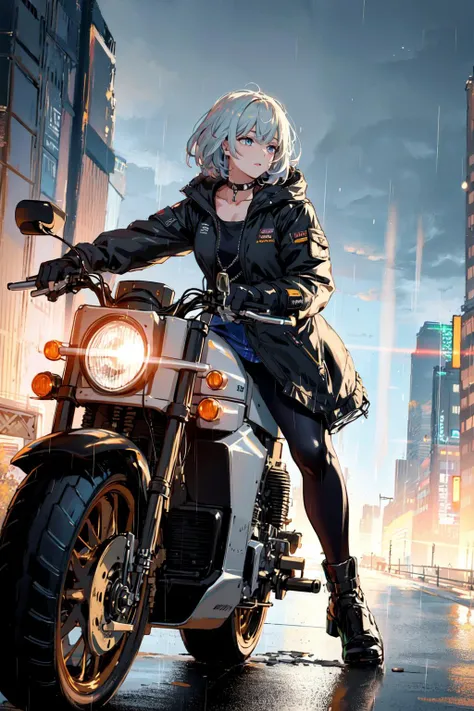 1girl, dress, jacket, rain, ground vehicle, helmet, mecha, motor vehicle, motorcycle, on motorcycle, vehicle focus, wheel, night, road, street, rain, city, puddles, 8k, ultra realistic, lens flare, atmosphere, glow, detailed, intricate, full of colour, cinematic lighting, trending on artstation, 4k, hyperrealistic, focused, extreme details, unreal engine 5, cinematic, <lora:waifu_on_Motorcycle_v2:0.3>, Masterpiece, best quality