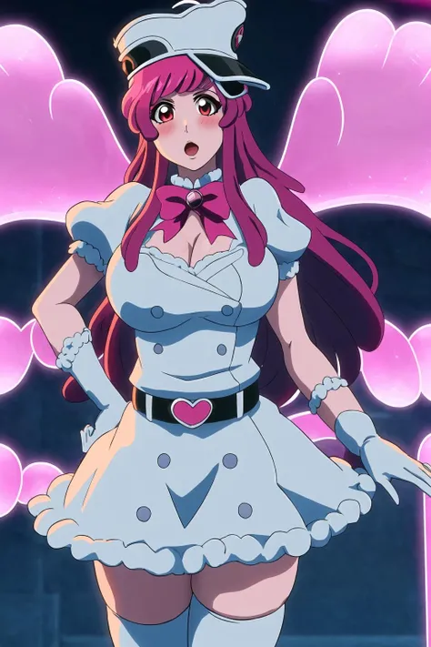 wings, blush, 1girl, solo, long hair, gloves, big breasts, cleavage, red eyes, hat, dress, pink hair, short sleeves, puffy sleeves, belt, puffy short sleeves, looking at viewer, thighhighs, ((big belly, massive belly, giant belly)), shocked, open mouth, (hands behind head:1.4), (solo:1.5)