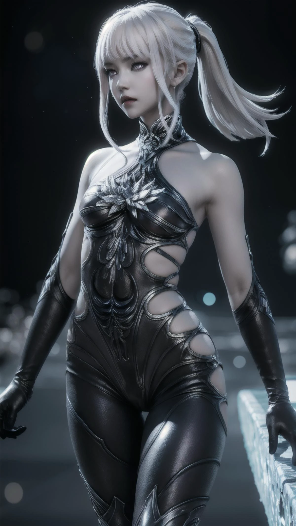 (8k, RAW photo, best quality, masterpiece:1.2), (realistic, photo-realistic:1.4),{{{1 girl}}},,depth of field, looking at viewer, cinematic lighting,beautiful body, medium breasts,,depth_of_field,, shiny_skin, pussy <lora:omegaF:0.7> ,wide shot, white hair, purple eyes, black pantyhose, ponytail, skinny, pale skin, galaxy background, fantasy background