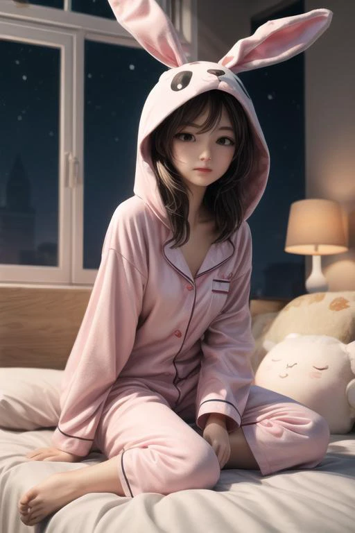 Style: { (masterpiece, (best quality:1.4) , highres, 8k resolution, more detailed), ((anime style)), 3D render, (figure) }; BREAK
Composition: { at room, rabbit pyjama kigurumi }; BREAK
Apperiances: { ((1girl)), cute pose. big eyes, ((looking away)) }; BREAK
Location: { simple background, night, spotlight}; BREAK
Lora: { <lora:more_details:0.8> };