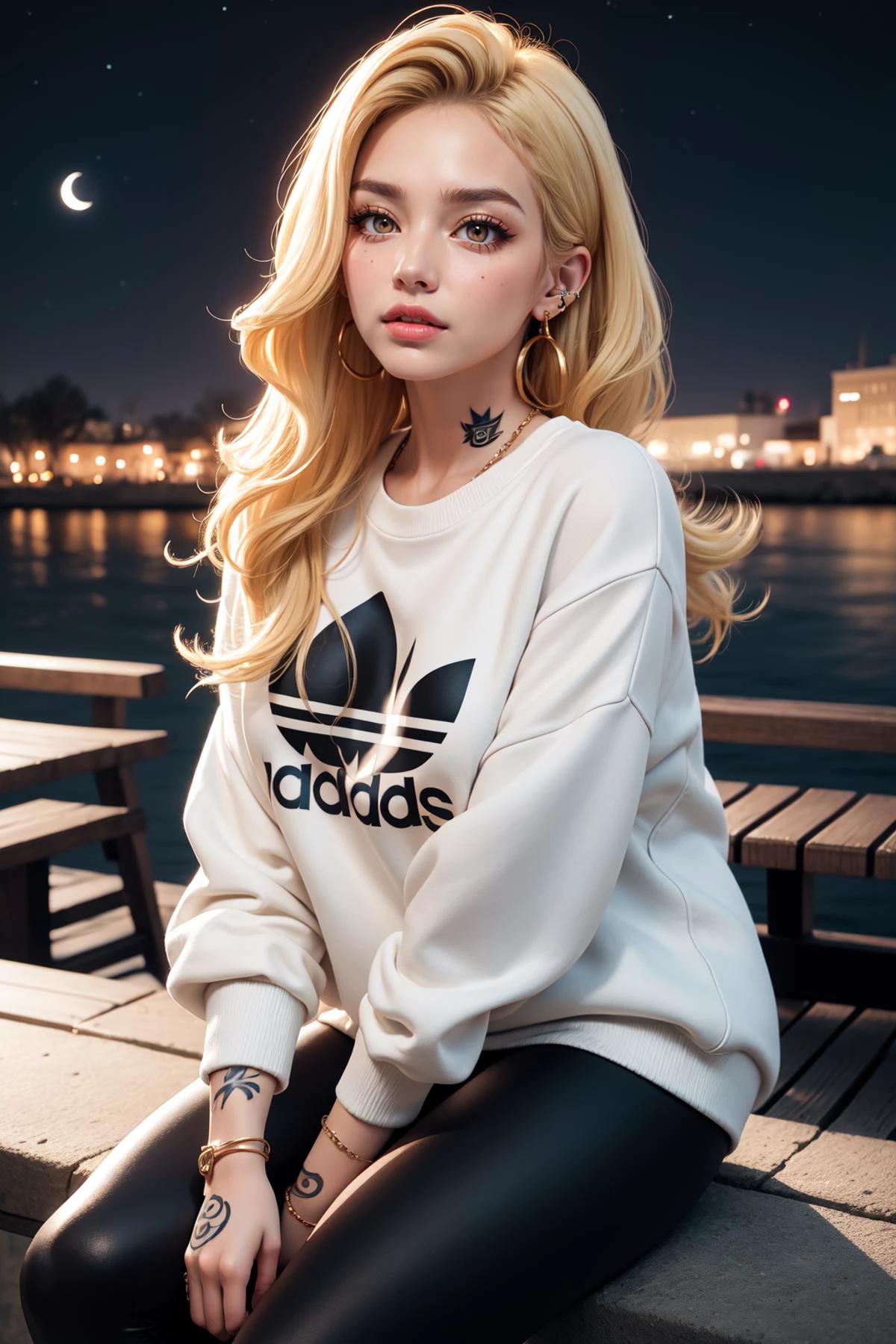 ((8K, best quality, masterpiece, detailed)), (actor: madam, mature face, big lips, earrings, amber eyes, piercing, tattoo), (hair: blonde , sidelocks), (clothes adidas: sweatshirt, leggings, ), (((behavior: rest, relax, relaxed, wait, ))), place: outdoors, night, stars sky, moon