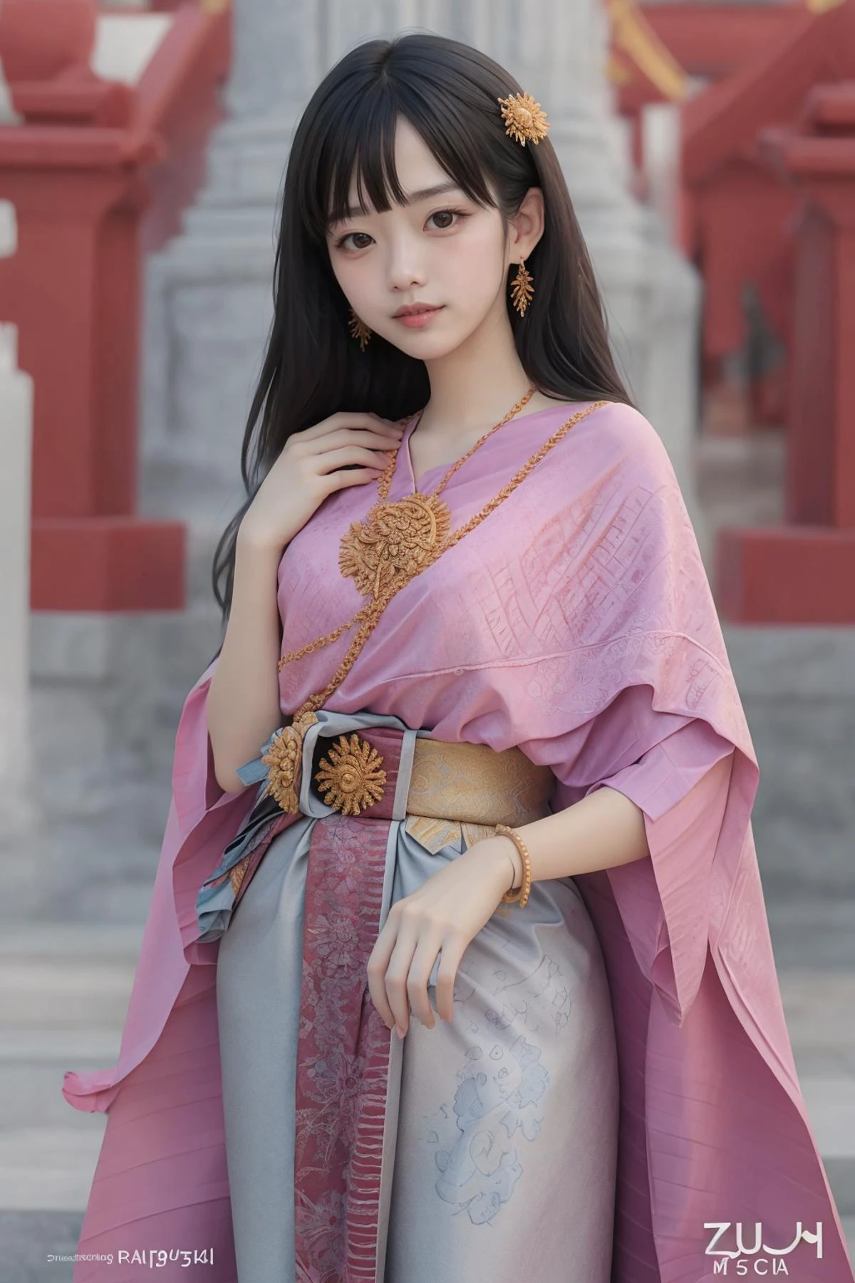 1girl,Thai temple,thaidress,detailed background,gorgeous, (zentangle:1.2),(fractal art:1.2),bangs,shiny oild skin, Thai background,outdoor,bangs,
<lora:40_Thaidress:0.8> <lora:æ¸
:0.3>