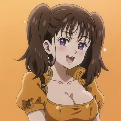 1girl, solo, purple eyes, brown hair, seven deadly sins, diane, breasts, cleavage, blush, open mouth, sparkle, orange leotard, smile, looking at viewer, short hair, large breasts, upper body, leotard, twintails, collarbone, :d, orange background, sparkle background, puffy sleeves, long hair, medium breasts, <lora:diane:0.7><hypernet:sgqo1n:1.0>