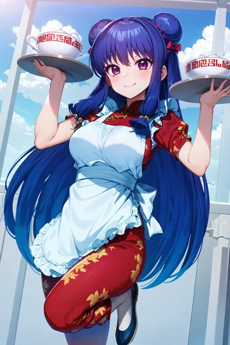 (masterpiece:1.2), best quality, ultra high resolution, unity 8k wallpaper, (illustration:1.0), (beautiful detailed eyes:1.6), extremely detailed face, perfect lighting, extremely detailed CG, (perfect hands,perfect anatomy), (dynamic angle and pose:1.3), nice angle, (1girl, solo:1.5), BREAK
shampoo \(ranma 1/2\), (red eyes:1.2), breasts, hair bun, double bun, bangs, large breasts, sidelocks, purple hair, very long hair, thighs, hair between eyes, red eyeshadow, hair bow, BREAK
apron, baozi, white apron, chinese clothes, food, closed mouth, pants, red pants, tray, holding, BREAK
naughty face, seductive smile, in heat, happy, seductive, sexy, alluring, charming, BREAK
(blue sky:1.3), (daytime:1.2), (Shibuya:1.1), (urban area:1.2), (outdoor:1.2),street,downtown, standing on one leg,