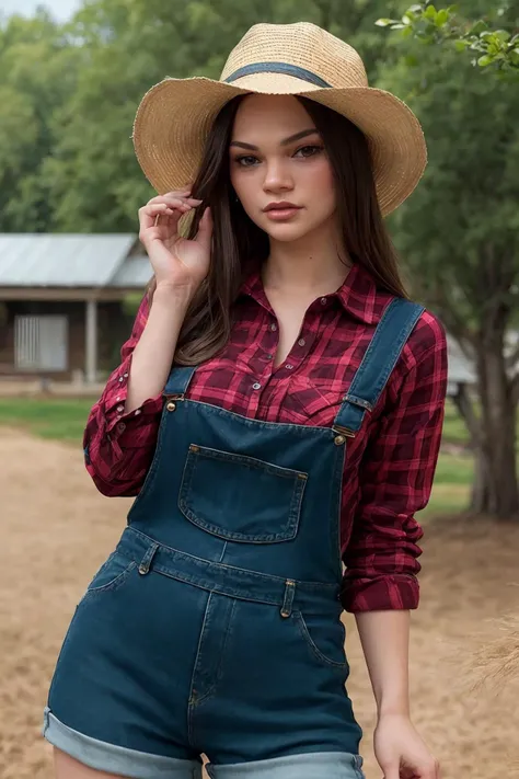 amazing photo of beautiful athefar, serious, petite, wearing (red flannel shirt:1.2), (skinny overalls), straw hat, orchard, barn, porch, porch swing, truck, farm animals, farm <lora:CoolWear:0.6> <lora:VividColorDetail_v1:1> ProfessionalDetail:0.5