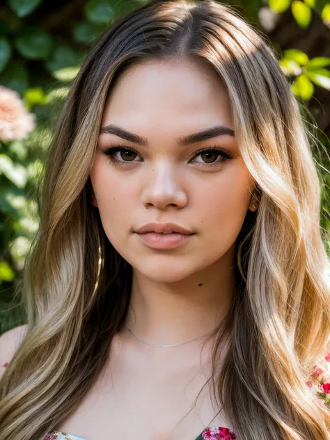 closeup headshot, RAW photo of a beautiful woman, athefar, long flowing blonde hair, (wearing floral dress:1.2), in a lush garden, 180mm professional photography, full detail, detailed face, 8k uhd, dslr, soft lighting, high quality, film grain, Fujifilm XT3,
