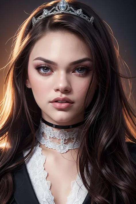 amazing portrait photo of athefar, petite, no makeup, (very wide face), (lace choker), (royal tiara:1.3), sunlight, ProfessionalDetail, SkinDetail <lora:CoolWear:0.6> <lora:ClothingAdjuster3:-0.8>