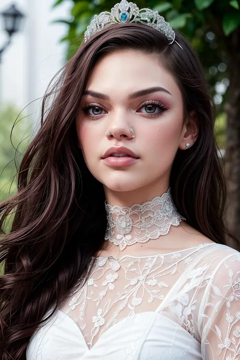 amazing portrait photo of athefar, petite, no makeup, (very wide face), (lace choker), (royal tiara:1.3), sunlight, ProfessionalDetail, SkinDetail <lora:CoolWear:0.6> <lora:ClothingAdjuster3:-0.8>