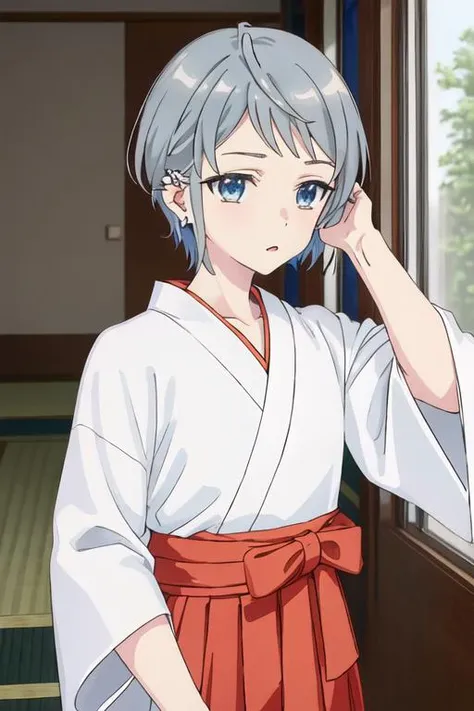 best quality, masterpiece, highres, solo, {white kimono:1.35}, {red hakama:1.35}, {wide sleeves:1.20}, {tsubasa_4ninwasorezoreusootsuku:1.15}, short_hair, blue_eyes, jewelry, earrings, grey_hair, piercing, ear_piercing