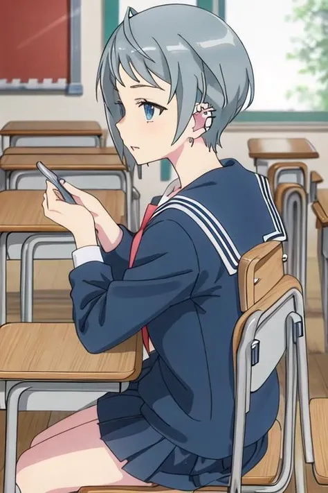 best quality, masterpiece, highres, solo, {tsubasa_4ninwasorezoreusootsuku:1.15}, short_hair, blue_eyes, jewelry, earrings, grey_hair, piercing, ear_piercing, 1girl, chair, classroom, desk, indoors, school_uniform, serafuku, school_desk, sitting, school_chair