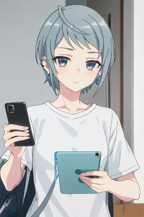 best quality, masterpiece, highres, solo, {tsubasa_4ninwasorezoreusootsuku:1.15}, short_hair, blue_eyes, jewelry, earrings, grey_hair, piercing, ear_piercing, holding, 1girl, blue_hair, cellphone, closed_mouth, holding_phone, phone, shirt, t-shirt, short_sleeves, upper_body, black_shirt