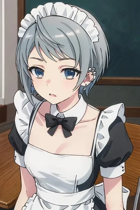 best quality, masterpiece, highres, solo, {maid:1.40}, {long maid dress:1.15}, {tsubasa_4ninwasorezoreusootsuku:1.15}, short_hair, blue_eyes, jewelry, earrings, grey_hair, piercing, ear_piercing