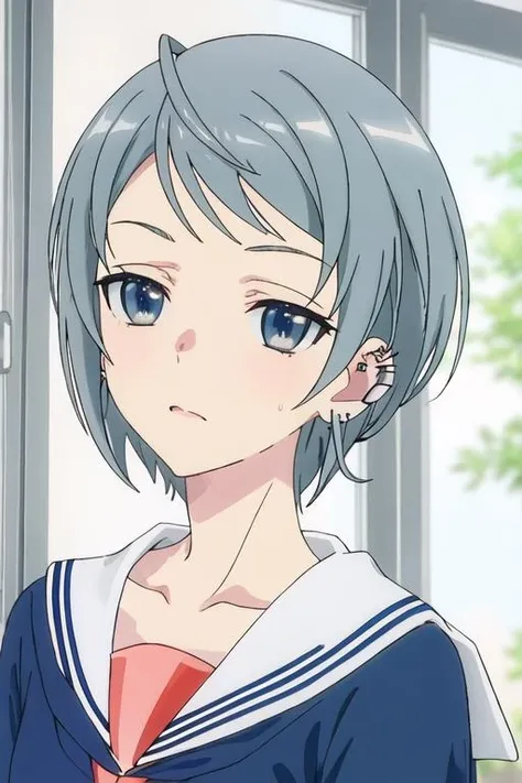 best quality, masterpiece, highres, solo, {tsubasa_4ninwasorezoreusootsuku:1.15}, short_hair, blue_eyes, jewelry, earrings, grey_hair, piercing, ear_piercing, 1girl, looking_at_viewer, sailor_collar, school_uniform, white_sailor_collar, portrait, collarbone