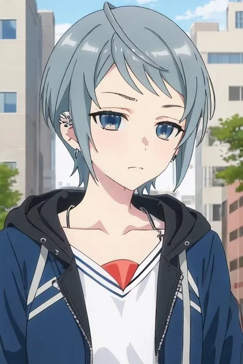 best quality, masterpiece, highres, solo, {tsubasa_4ninwasorezoreusootsuku:1.15}, short_hair, blue_eyes, jewelry, earrings, grey_hair, piercing, ear_piercing, 1girl, black_jacket, jacket, outdoors, shirt, white_shirt, collarbone, upper_body, closed_mouth, sky