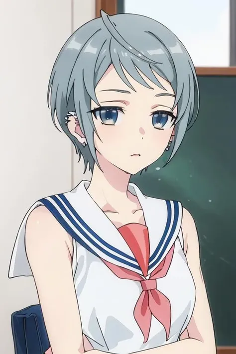 best quality, masterpiece, highres, solo, {tsubasa_4ninwasorezoreusootsuku:1.15}, short_hair, blue_eyes, jewelry, earrings, grey_hair, piercing, ear_piercing, 1girl, school_uniform, serafuku, parody, sailor_collar