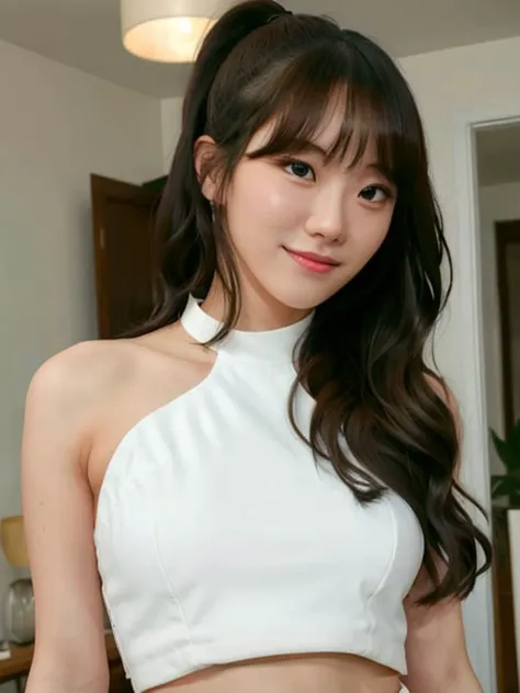 luda in white crop top, ponytail hair, hair bangs, cute asian girl, 20yo, half body, standing, smiling, waving hands
, hyper realistic lifelike texture dramatic lighting unrealengine trending on artstation,award winning photo,nikon RAW photo,8 k,Fujifilm XT3,masterpiece, best quality, realistic, photorealistic,ultra detailed,extremely detailed face,
<lora:luda-sd1.5-n30-e525-000004:0.7>