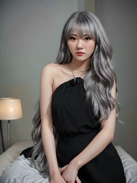 luda in black top, long grey hair, hair bangs, cute asian girl, 20yo, half body, sexy pose, looking to camera

dark bedroom, rim lighting, two tone lighting, dimly lit, low key
, hyper realistic lifelike texture dramatic lighting unrealengine trending on artstation,award winning photo,nikon RAW photo,8 k,Fujifilm XT3,masterpiece, best quality, realistic, photorealistic,ultra detailed,extremely detailed face, 

<lora:luda-sd1.5-n30-e525-000004:0.77> <lora:epiNoiseoffset_v2:0.5>