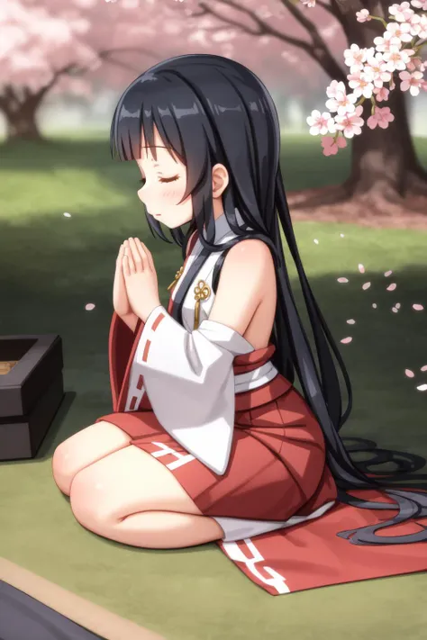 (sketch:1.25), 1girl, blunt bangs, forehead, extremely long hair, shiny black hair, closed eyes, flat chest BREAK (praying:1.2), miko, long sleeves, red skirt, japanese clothes, tabi BREAK on floor, (seiza), from side, full body, wide shot BREAK detailed background, (outside:1.2), shrine, (cherry blossoms:1.1)