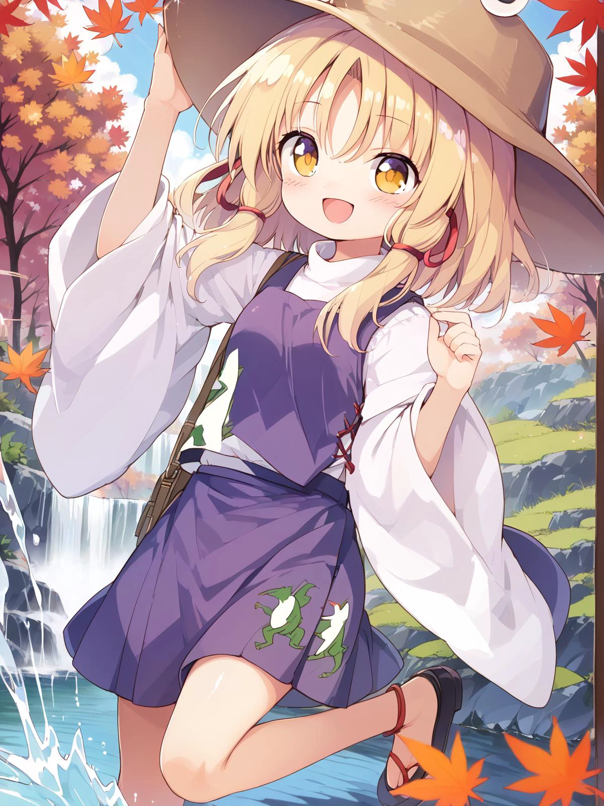 score_9, score_8_up, score_7_up,source_anime, best quality, masterpiece, BREAK
 suwako,moriya suwako,blonde_hair, hat, ribbon, hair_ribbon, vest, [lover's:friendly:0.4] smile, (yellow_eyes),kawaii eyes, bangs, red_ribbon, brown_headwear, purple_vest, sidelocks, short_hair,
1girl,solo, skinny, aba, full body ,midget,small life size,ultra kawaii eyes,dhildish,
BREAK
<lora:suwako.pony:1> 
mhy,aba ,
official wallpaper, 8k detailed wall paper,ultra detaile,
Autumn in Japan,Expansive Japanese shrine, sprawling sacred grounds, vibrant autumn leaves swirling, spirited young girl around , laughing and skipping, bright kimono fluttering, chasing fluttering butterflies, golden sunlight filtering through ancient trees, magical, lively scene,
Splashing and playing,Big waterfall behind,Running on the lake,Trees dyed red with autumn leaves,autumn leaves,
li,klg,nto,aro,zun,ayb,zri,uum,(uun),ayb,uum,zri,zun,hij,qhy,
lover's face,joyful eyes, delighted gaze,joyful expression, innocent smile, carefree posture, bubbly personality, radiant face, playful ambiance, heartwarming vibe, vibrant colors, laughter-filled,peaceful expression,  soft smile,flowing hair, gentle breeze, cozy ambiance, content smile effortlessly,genuine laughter warmly,ecstatic joyful expression,vibrant laughing eyes,overwhelmingly joyful mood,watercolor,
BREAK
official art, baku_p  ,
<lora:baku_p-000001:0.03> <lora:baku_p-000005:0.12> <lora:baku_p-000003:0.24> <lora:baku_p-000020:0.25> <lora:baku_p:0.25>
<lora:cedar-lyco-pony:0.08> <lora:Shuz-v3-PDXL:0.04>