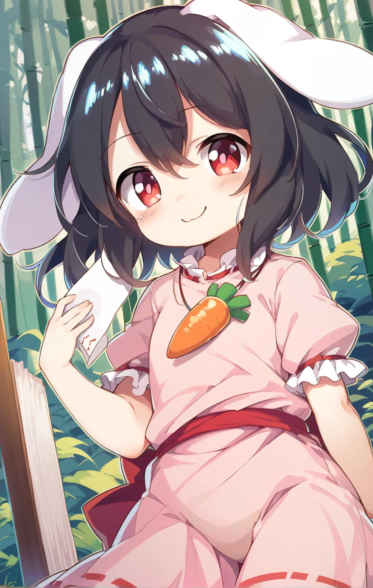 score_9, score_8_up, score_7_up, BREAK
source_anime, best quality, masterpiece, BREAK
aba,mhy,
drastic angle,fantastic angle,
1 girl, inaba tewi, pink dress, short hair, black hair, red eyes, rabbit ears, floppy ears, puffy sleeves, ribbon-trimmed sleeves, ribbon-trimmed dress, carrot necklace, , red eyes, bamboo forest, cowboy shot, smug,
Fantastic,dynamic angle,drastic angle,dynamic pose,drastic pose,
official art, official wallpaper, 8k detailed wall paper,ultra detaile,
klg, ayb,zri,uum,(uun),ayb,uum,zri,hij,
hairs between eyes,Facing the lens,baku_p <lora:bkp:2>
<lora:cedar-lyco-pony:0.04> anime painting, <lora:inaba_tewi_pony:0.71>