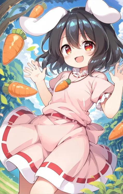 score_9, score_8_up, score_7_up, BREAK
source_anime, best quality, masterpiece, BREAK
aba,mhy,
1 girl, inaba tewi, pink dress, short hair, black hair, red eyes, rabbit ears, floppy ears, puffy sleeves, ribbon-trimmed sleeves, ribbon-trimmed dress, carrot necklace, ,  bamboo forest, cowboy shot, smug,
inaba_tewi, 1girl, touhou, pink_dress, carrot_necklace, rabbit_girl, puffy_short_sleeves,[lover's:friendly:0.4] smile,
Fantastic,dynamic angle,drastic angle,dynamic pose,drastic pose,
official art, official wallpaper, 8k detailed wall paper,ultra detaile,
klg, ayb,zri,uum,(uun),ayb,uum,zri,hij,
anime eyes,joyful eyes, giggling look, playful twinkles, mischief sparkle, delighted gaze,joyful expression, carefree posture, bubbly personality, radiant face, playful ambiance, heartwarming vibe, vibrant colors, laughter-filled,
hairs between eyes,Facing the lens,baku_p <lora:bkp:2>coloful painting,
<lora:cedar-lyco-pony:0.04>  anime painting,  <lora:inaba_tewi_pony:0.65> <lora:Touhou_pony:0.2>