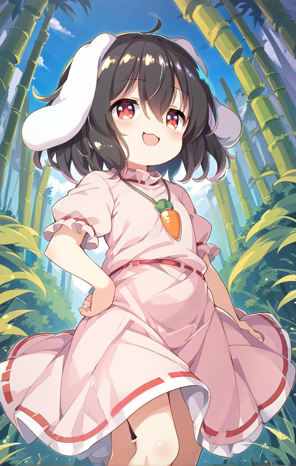 score_9, score_8_up, score_7_up, BREAK
source_anime, best quality, masterpiece, BREAK
aba,mhy,
drastic angle,fantastic angle,
1 girl, inaba tewi, pink dress, short hair, black hair, red eyes, rabbit ears, floppy ears, puffy sleeves, ribbon-trimmed sleeves, ribbon-trimmed dress, carrot necklace, , red eyes, bamboo forest, cowboy shot, smug,
inaba_tewi, 1girl, touhou, pink_dress, carrot_necklace, rabbit_girl, puffy_short_sleeves,
Fantastic,dynamic angle,drastic angle,dynamic pose,drastic pose,
official art, official wallpaper, 8k detailed wall paper,ultra detaile,
klg, ayb,zri,uum,(uun),ayb,uum,zri,hij,
hairs between eyes,Facing the lens,baku_p <lora:bkp:2>
<lora:cedar-lyco-pony:0.04> anime painting, <lora:inaba_tewi_pony:0.82> <lora:Touhou_pony:0.3>