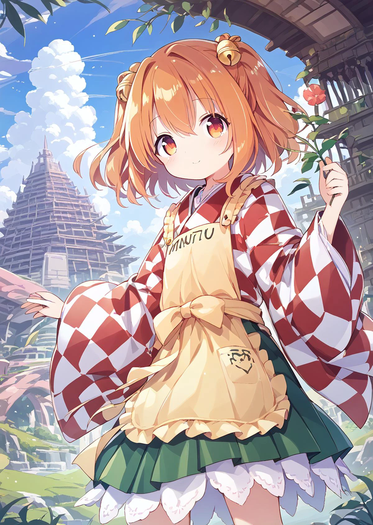 score_9, score_8_up, score_7_up, BREAK
source_anime, best quality, masterpiece, BREAK
mhy,aba Break
drastic angle,fantastic angle,
aba,1girl,kosuzu, orange hair, twintails, bell, hair ornament, orange eyes, ( checkered kimono:1.2), green skirt, yellow apron, standing, looking at viewer,
official art, official wallpaper, 8k detailed wall paper,ultra detaile,
klg,nto,aro,zun,ayb,zri,uum,(uun),ayb,uum,zri,zun,hij,qhy,
floating island,firmament,mythology,floating garden in the sky,city floating in the clouds,
ancient ruins floating in the sky, lush floating garden, colorful flowers and exotic plants, small waterfalls, sky at sunset, orange, pink, purple hues, serene utopian atmosphere, harmony between nature and ancient city,
Utopia,Shangri-La,Arcadia,Eden,closed mouth,
hairs between eyes,Facing the lens,baku_p <lora:bkp:1.1>
<lora:cedar-lyco-pony:0.06> <lora:kosuzu.pony:1> <lora:shob-000008:0.2>