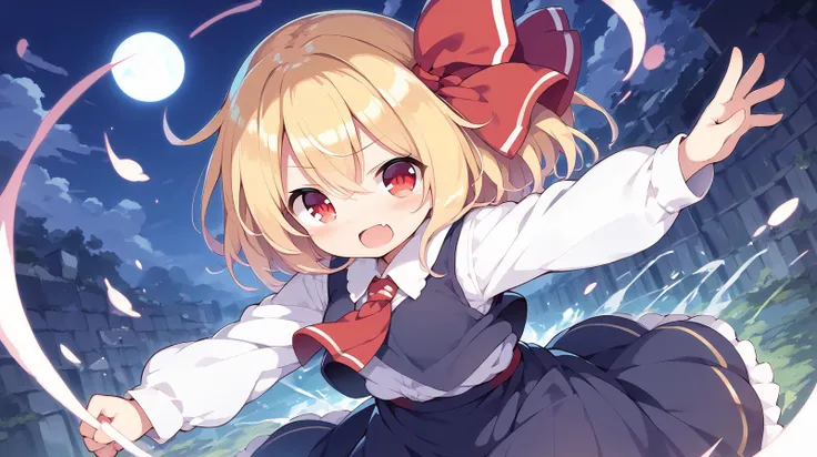 score_9, score_8_up, score_8,score_7_up ,source_anime, best quality,  BREAK
aba,mhy,
drastic angle,fantastic angle,ultra detailed,
1girl,rumia, blonde hair, red eyes, hair ribbon, black vest, white shirt, long sleeves, black skirt, red ascot,
Mischievous expression,Grinning face,Running with arms outstretched,night,
1girl, Fantastic,dynamic angle,drastic angle,dynamic pose,drastic pose,
official art, official wallpaper, 8k detailed wall paper,ultra detaile,
klg, ayb,zri,uum,(uun),ayb,uum,zri,hij,
hairs between eyes,Facing the lens,baku_p <lora:bkp3:0.5><lora:bkp:1>
<lora:cedar-lyco-pony:0.04>  anime painting,  <lora:rumia_pony:1>