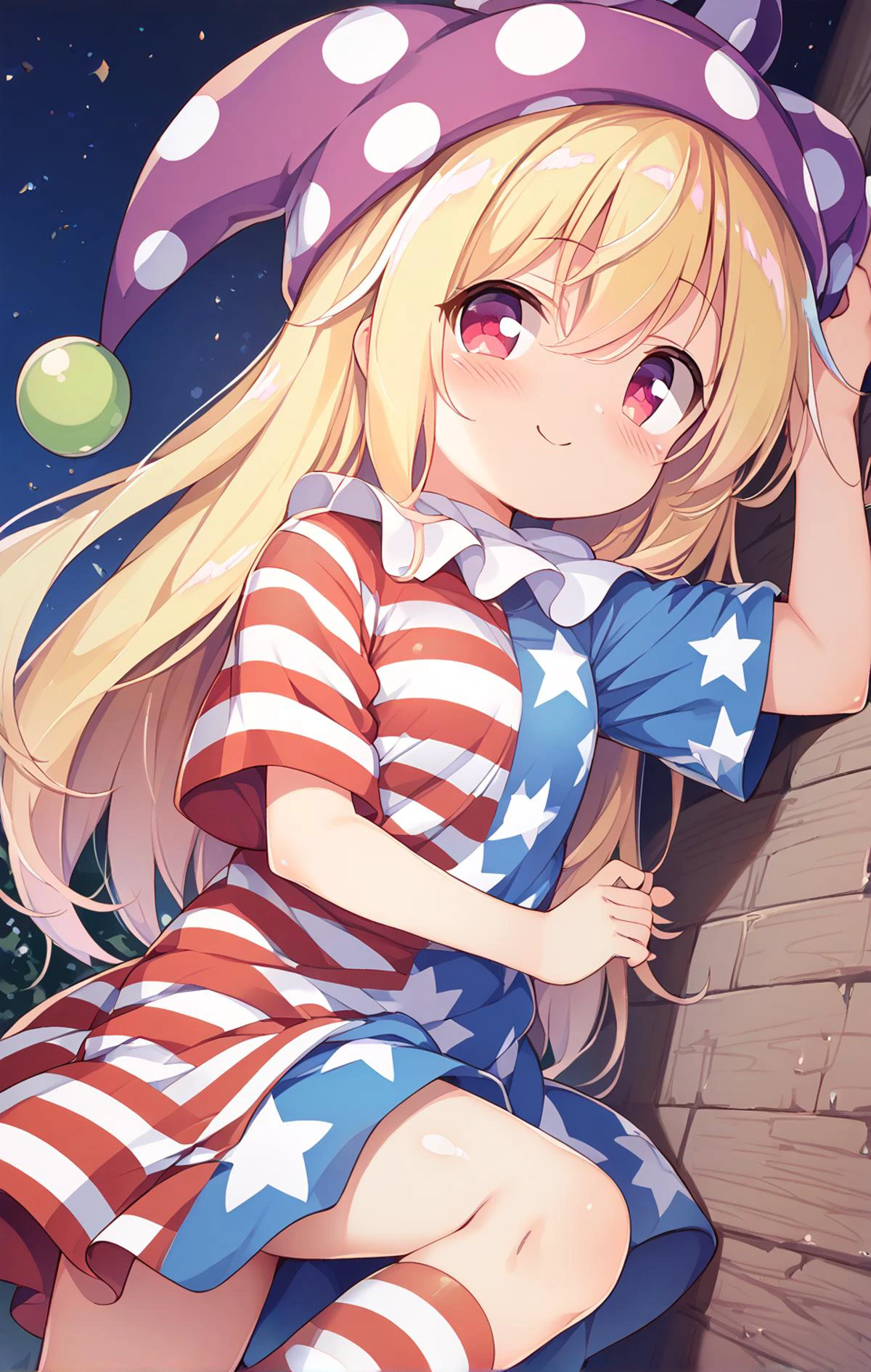 score_9, score_8_up, score_7_up, BREAK
source_anime, best quality, masterpiece, BREAK
aba,mhy, watercolor,
drastic angle,fantastic angle,
clownpiece, jester cap, neck ruff, blonde hair, long hair, american flag legwear, american flag dress, red eyes, short sleeves
1girl, Fantastic,dynamic angle,drastic angle,dynamic pose,drastic pose,
official art, official wallpaper, 8k detailed wall paper,ultra detaile,
klg, ayb,zri,uum,(uun),ayb,uum,zri,hij,
Silver-lit full moon, flickering torchlight, mystical stroll, enchanting fairy girl, eyes deep like whirlpools, serene forest, whispering winds, shimmering mist,
hairs between eyes,Facing the lens,baku_p <lora:bkp:2>
<lora:cedar-lyco-pony:0.04> anime painting, <lora:clownpiece_pony:1>