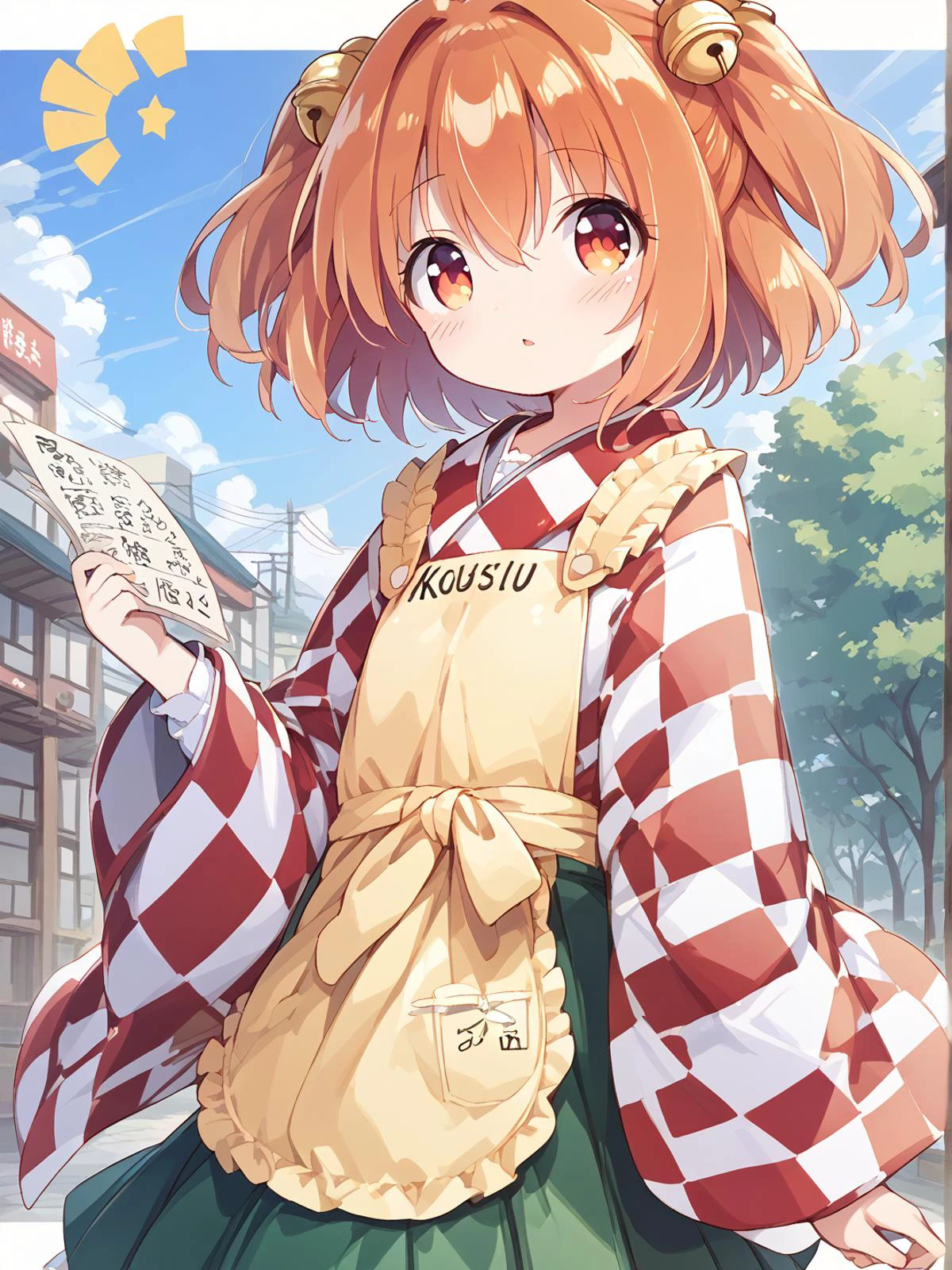 score_9, score_8_up, score_7_up, BREAK
source_anime, best quality, masterpiece, BREAK
mhy,aba Break
solo, BREAK
aba,
1girl,kosuzu, orange hair, twintails, bell, hair ornament, orange eyes, ( checkered kimono:1.2), green skirt, yellow apron, standing, looking at viewer,
solo,official art, official wallpaper, 8k detailed wall paper,ultra detaile,
klg,nto,aro,
zun,ayb,zri,uum,(uun),ayb,uum,zri,zun,hij,qhy,
hairs between eyes,Facing the lens,baku_p <lora:bkp:1>
<lora:cedar-lyco-pony:0.06> <lora:kosuzu.pony:1> <lora:shob-000008:0.25>